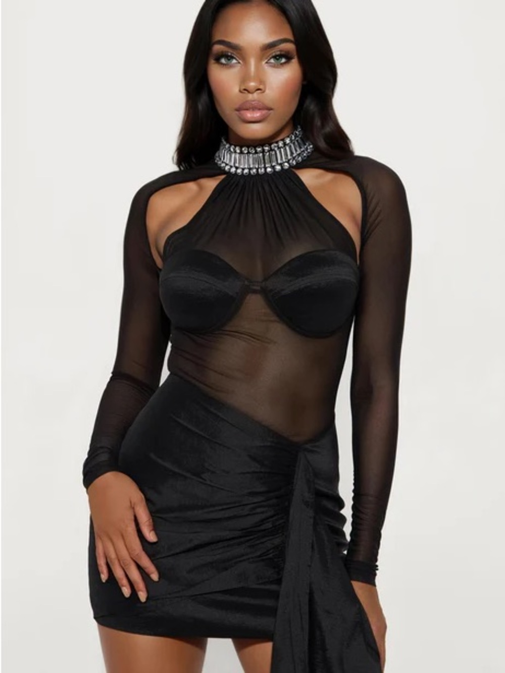 Fashion Nova Black Sheer Long-Sleeve Satin Mini Dress with Jewel Collar